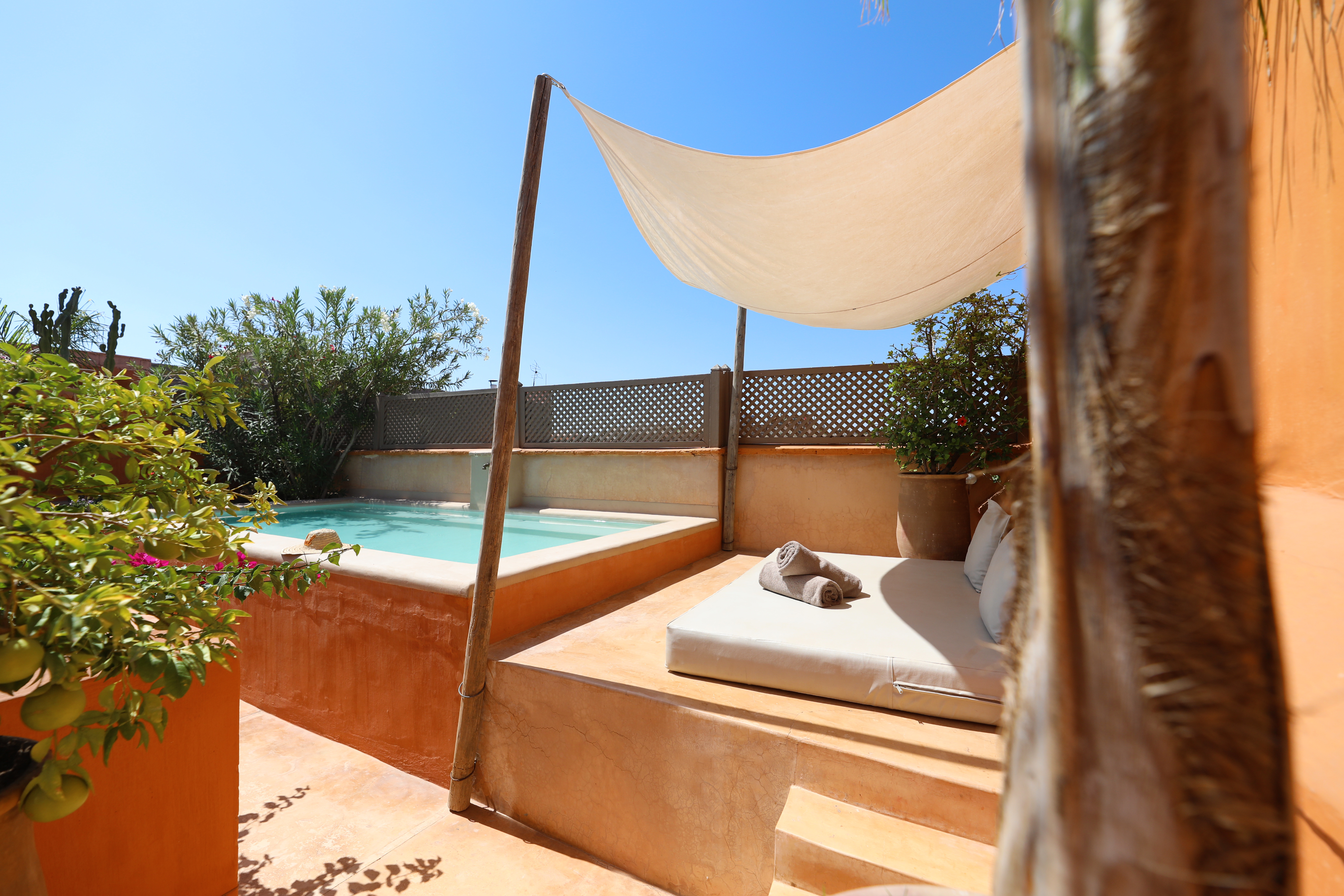 Le bassin, la banquette ombragée et la terrasse fleurie sur le toit du Dar Akal